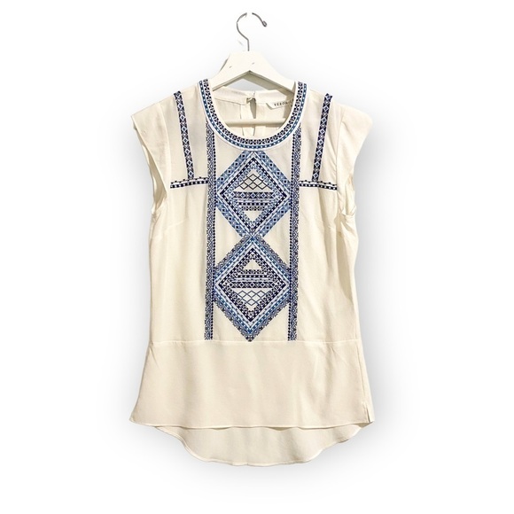 NWT‎ Veronica Beard White Silk Embroidered Baja Flutter Top, Size 0 - Picture 1 of 14